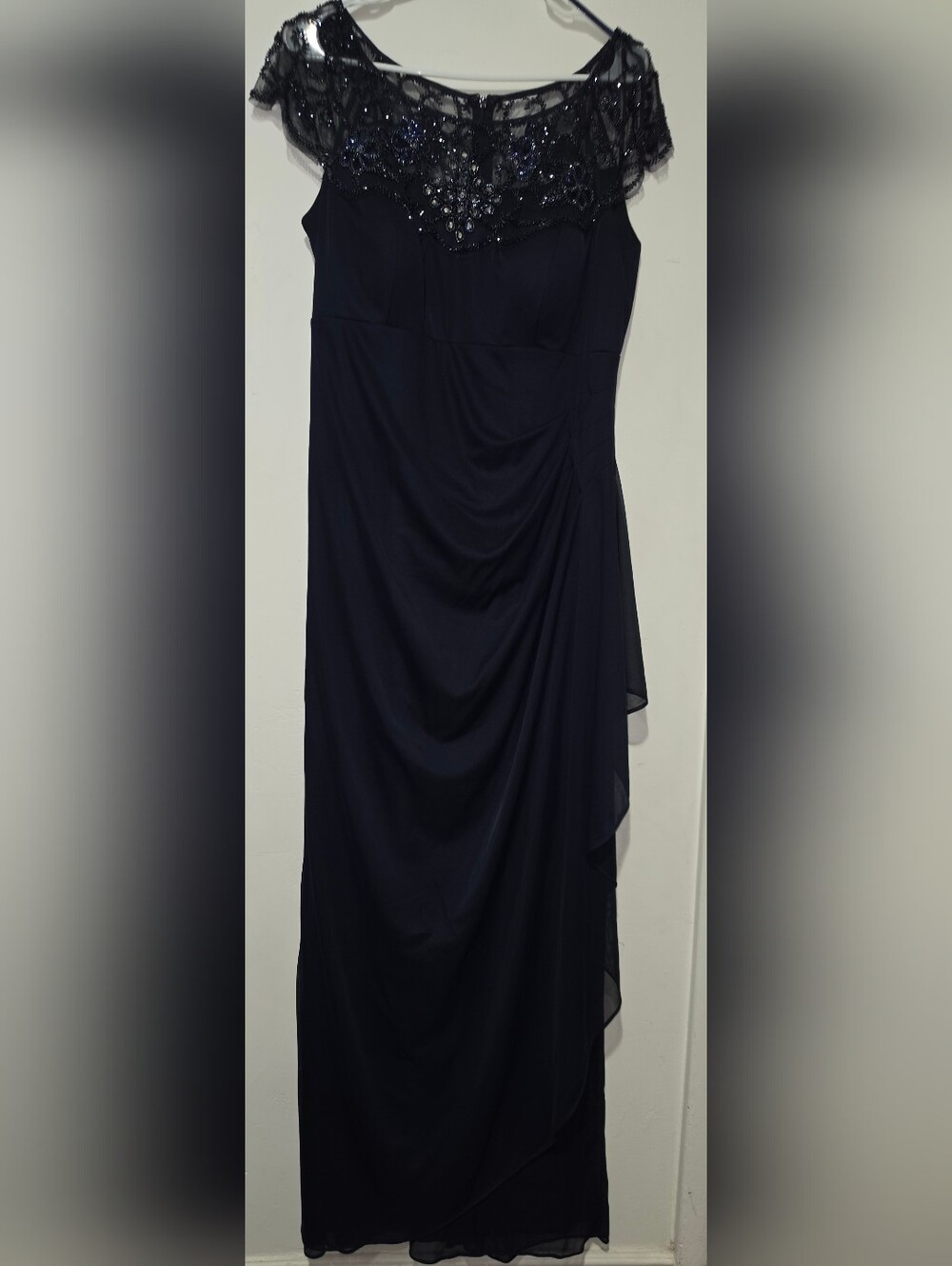Xscape Asymmetrical Navy Draped Skirt